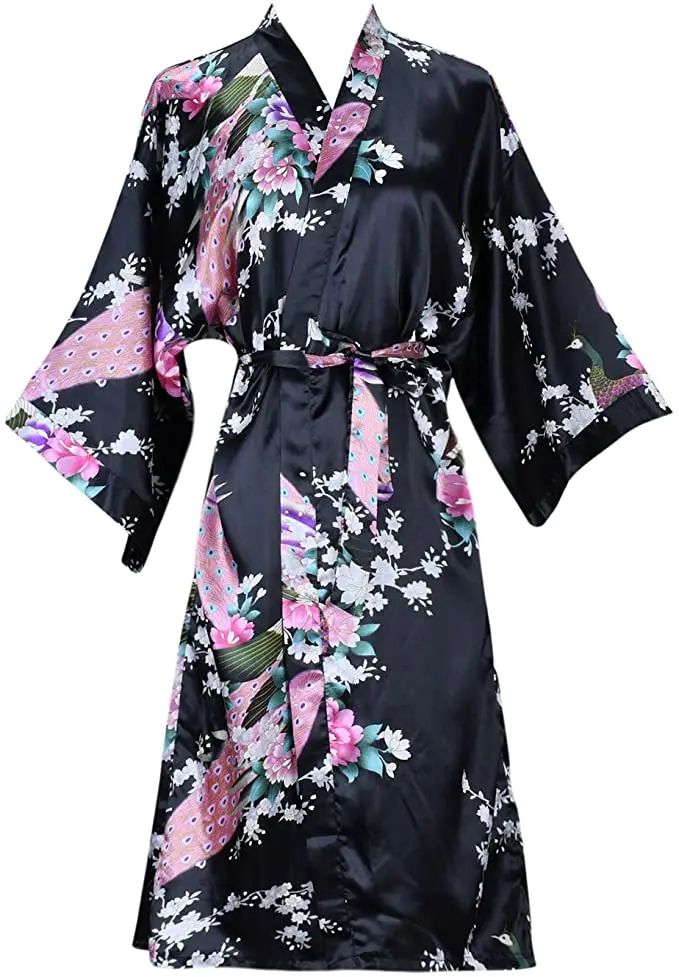 Floral Satin Bridesmaid Robe – Short Kimono Wedding Getting-Ready Robe for Women