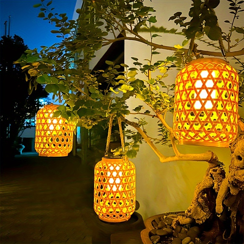 Solar Imitation Bamboo Lantern Outdoor, Courtyard Decoration Garden Light, Waterproof Plastic Rattan Lantern