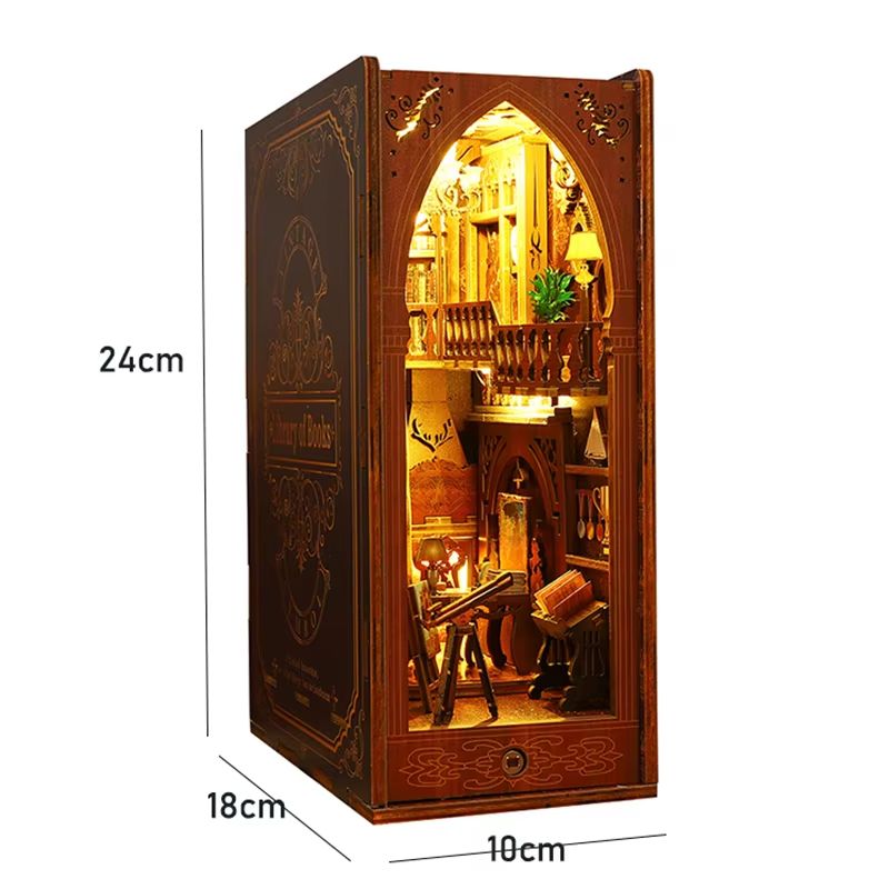 DIY Book Nook Kit Wooden Dollhouse Building Set LED Bookshelf Insert Miniature House Bookend