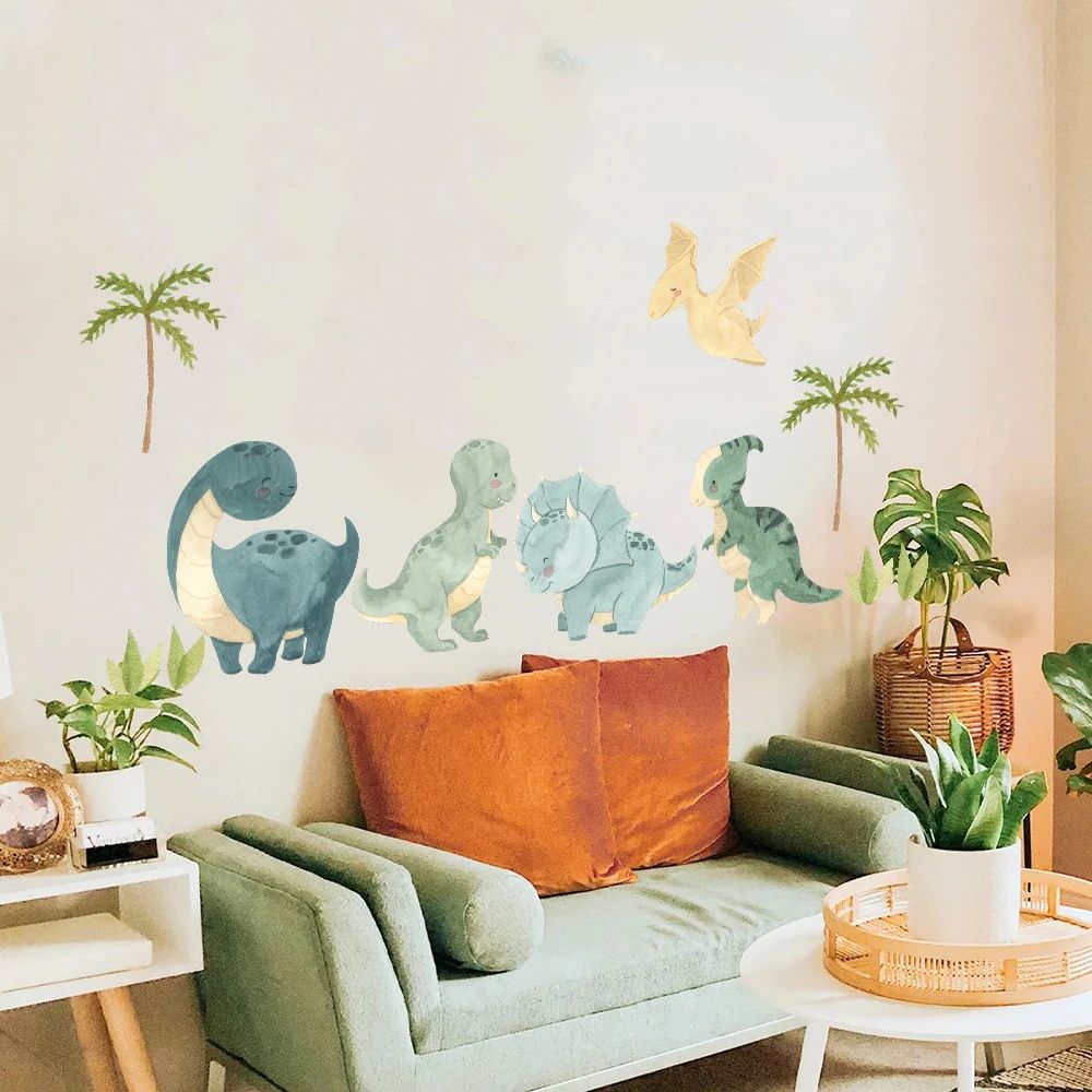 Watercolor Dinosaur Wall Stickers – Jungle Adventure Nursery Decor with Forest Animal Theme