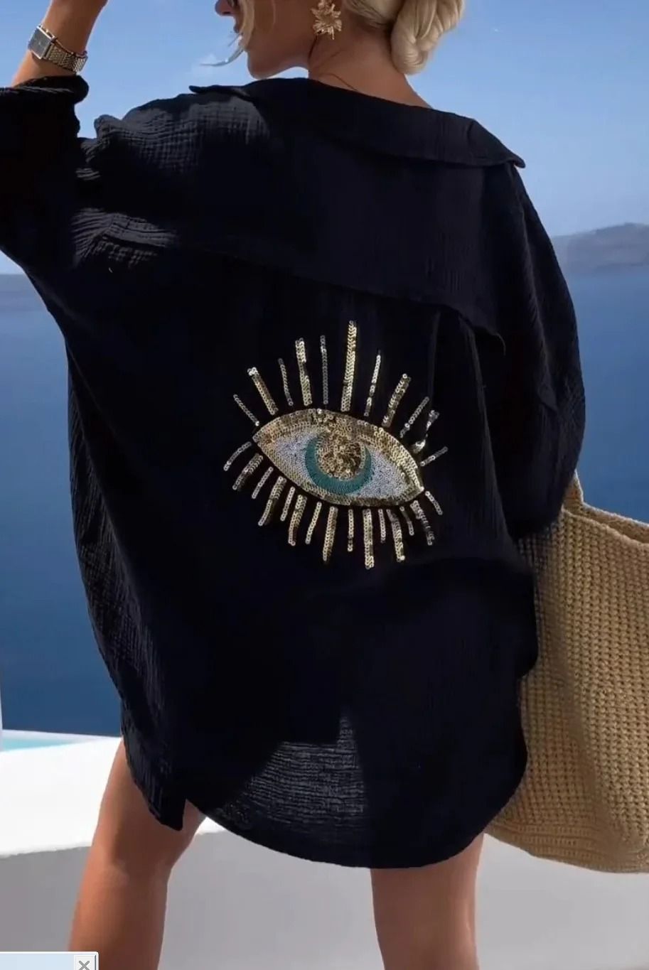 Casual Bright Sequin Evil Eye Long Sleeve Cotton Blouse