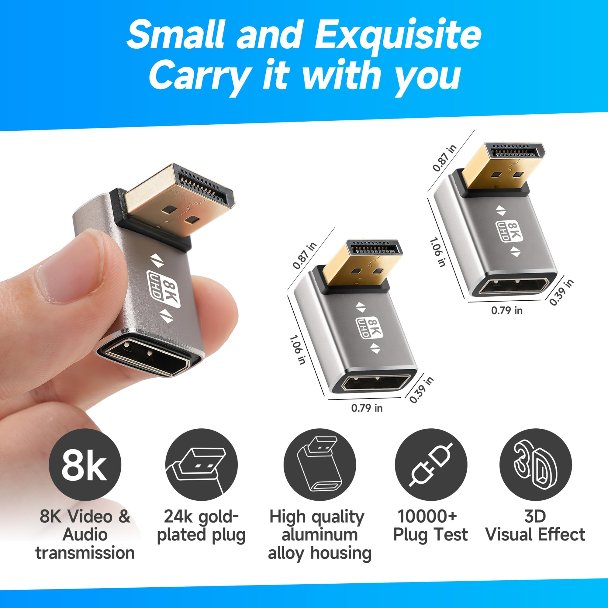 Gold Plated Vertical Bend Adaptor, Monitor DP Interface Extension, Computer Graphics Card Aluminium Alloy Shell