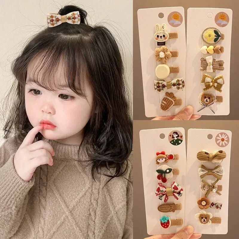 5-Piece Korean Aesthetic Hair Clip Set – Cute Cartoon Bear & Bowknot Hairpins for Toddler Girls in Milk Coffee Tones