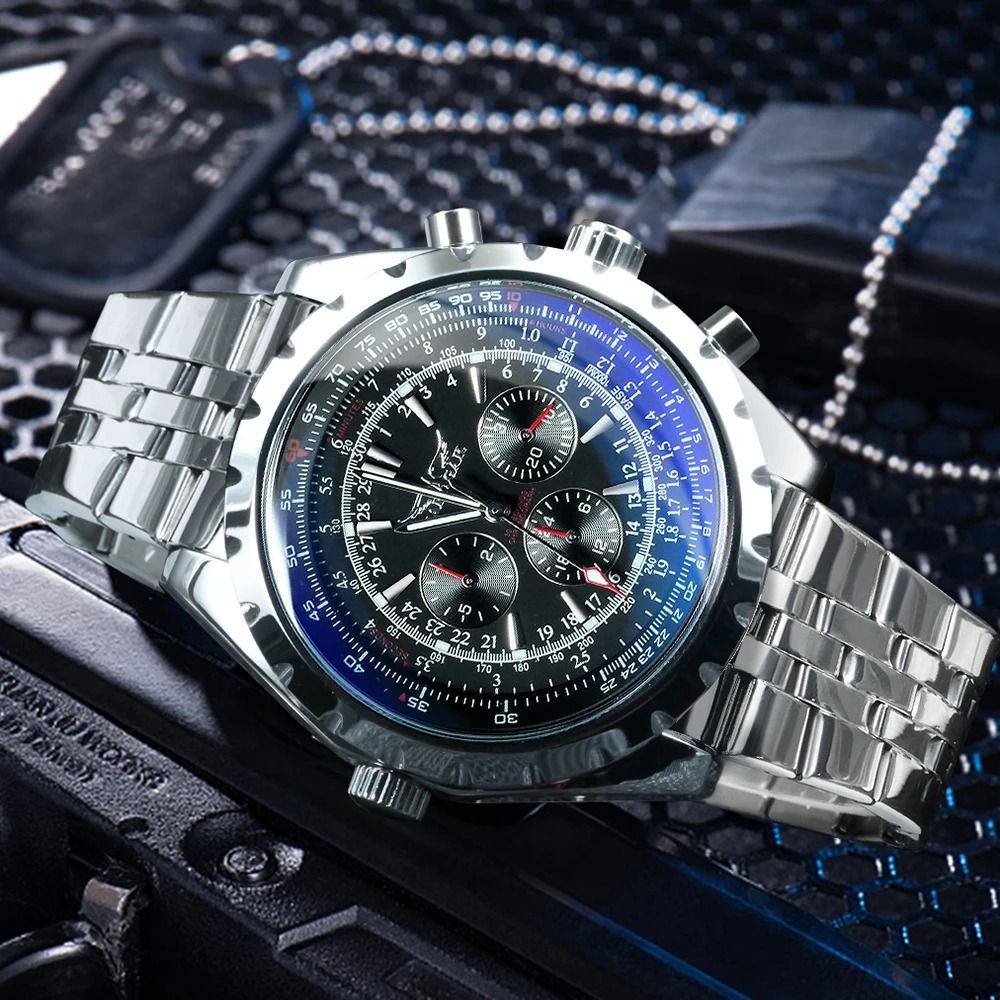 JARAGAR Sports Automatic Mechanical Watch for Men Silver Stainless Steel Strap