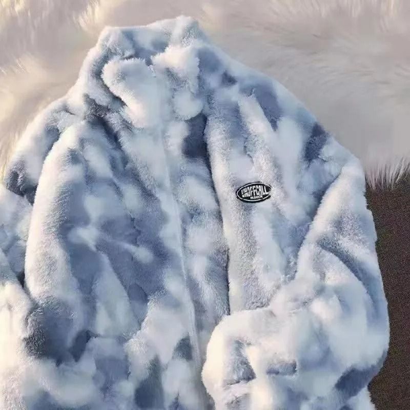 Trendy Tie Dye Fleece Jacket Womens Plush Lamb Wool Zip Up Winter Coat