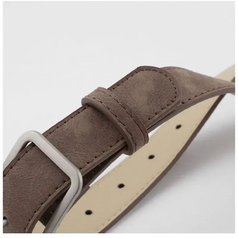 Womens Retro Leather Belt w/ Silver Square Pin Buckle - Fashion Jeans Waist Belt, Adjustable Student Waistband
