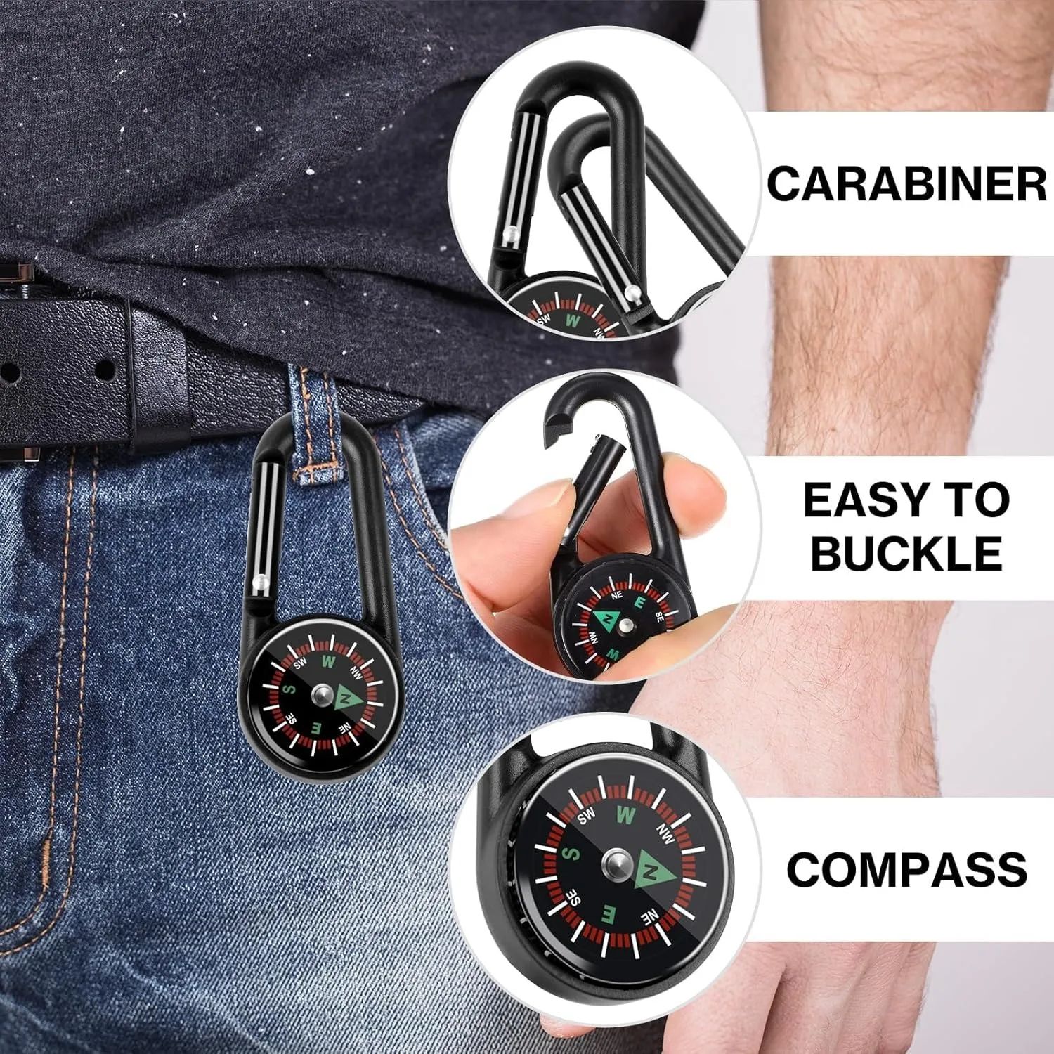 3 in 1 Mini Compass Thermometer Carabiner Keychain