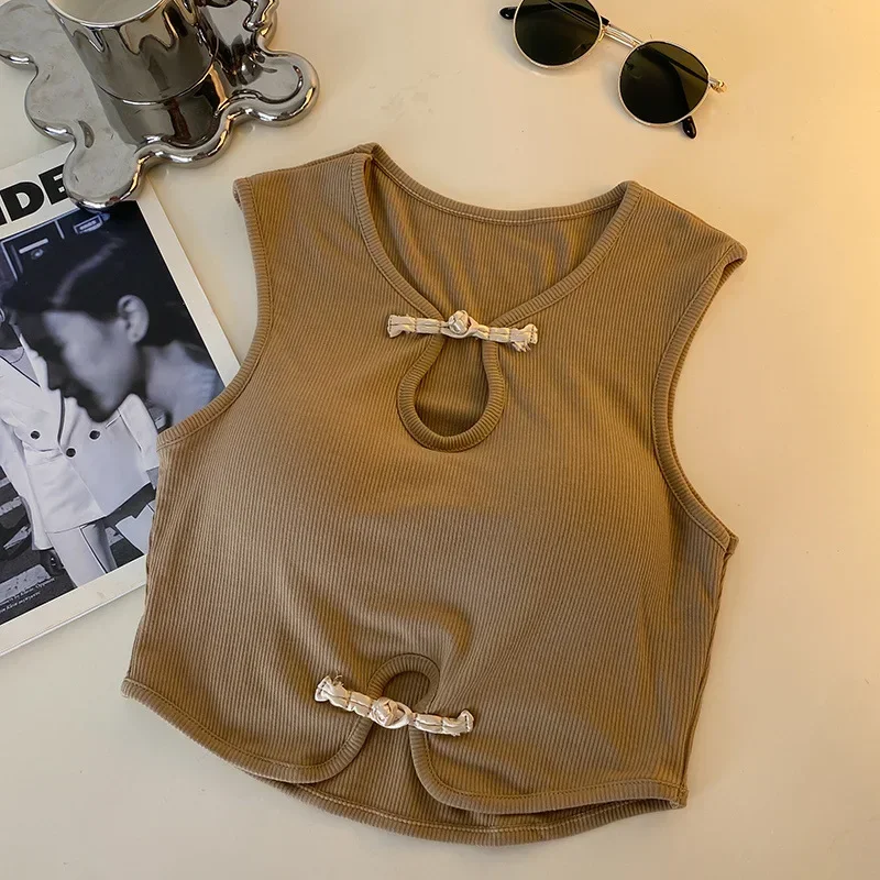 Casual Button Vintage Hault Tanks Camis, Sleeveless Femme Croset Crop Tops With Built-in Bras for Women