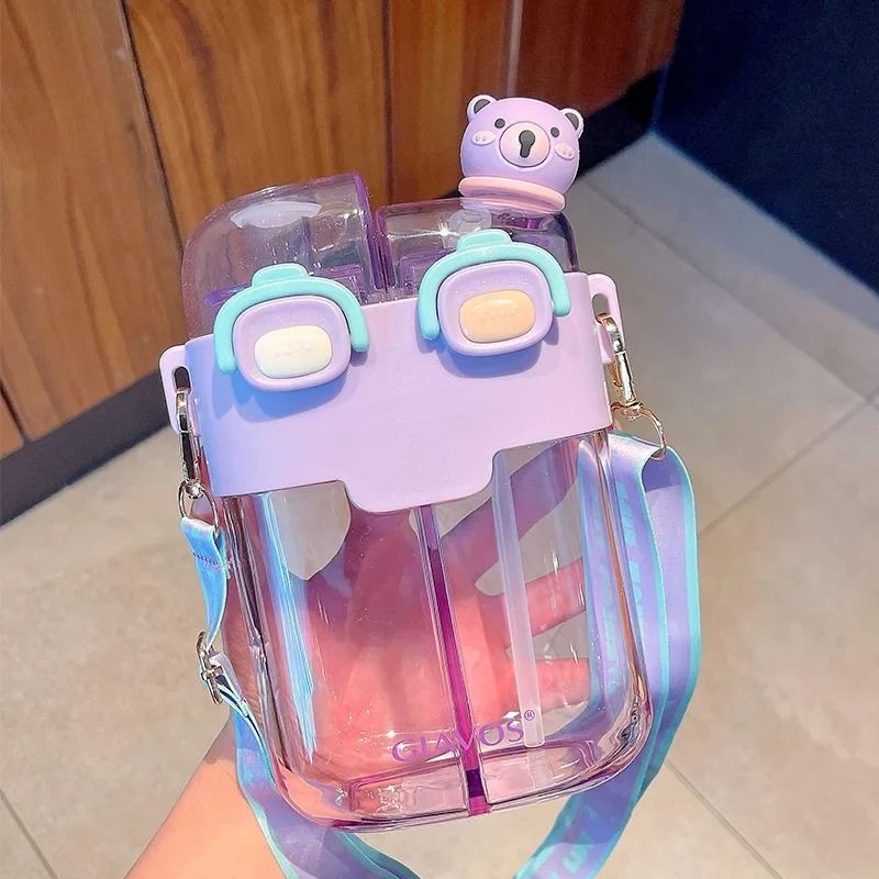 Large Capacity Kids Water Bottle with Straw Double Compartment Cartoon Design