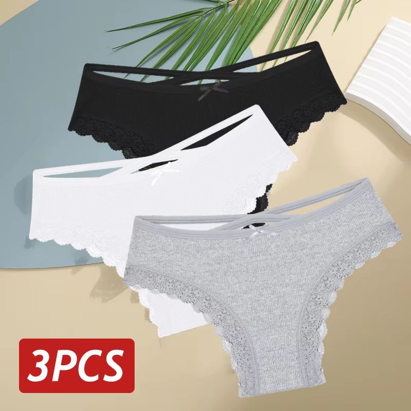 Women's 3-Piece Cotton Low-Rise Lace Brazilian Panties Set Breathable Soft Underwear S-XL