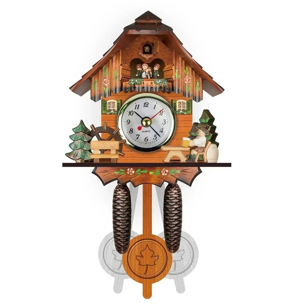 Wooden Cuckoo Wall Clock with Bird Alarm and Silent Quartz Movement