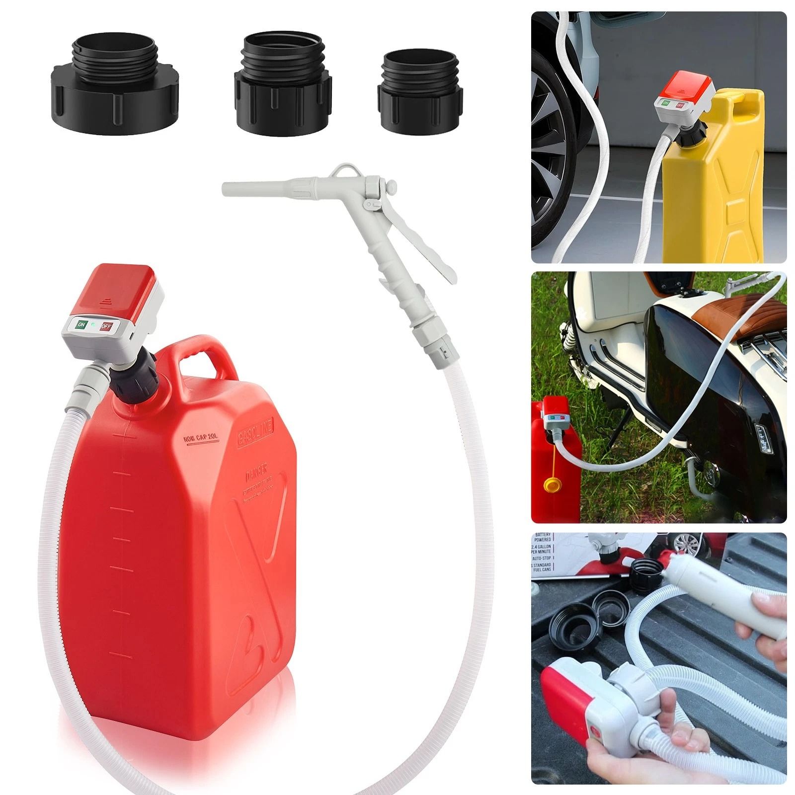 Fuel Transfer Pump, Battery-Powered Automatic, GPM, Adapters for Cars, Boats, Diesel, Gasoline, Snowmobiles