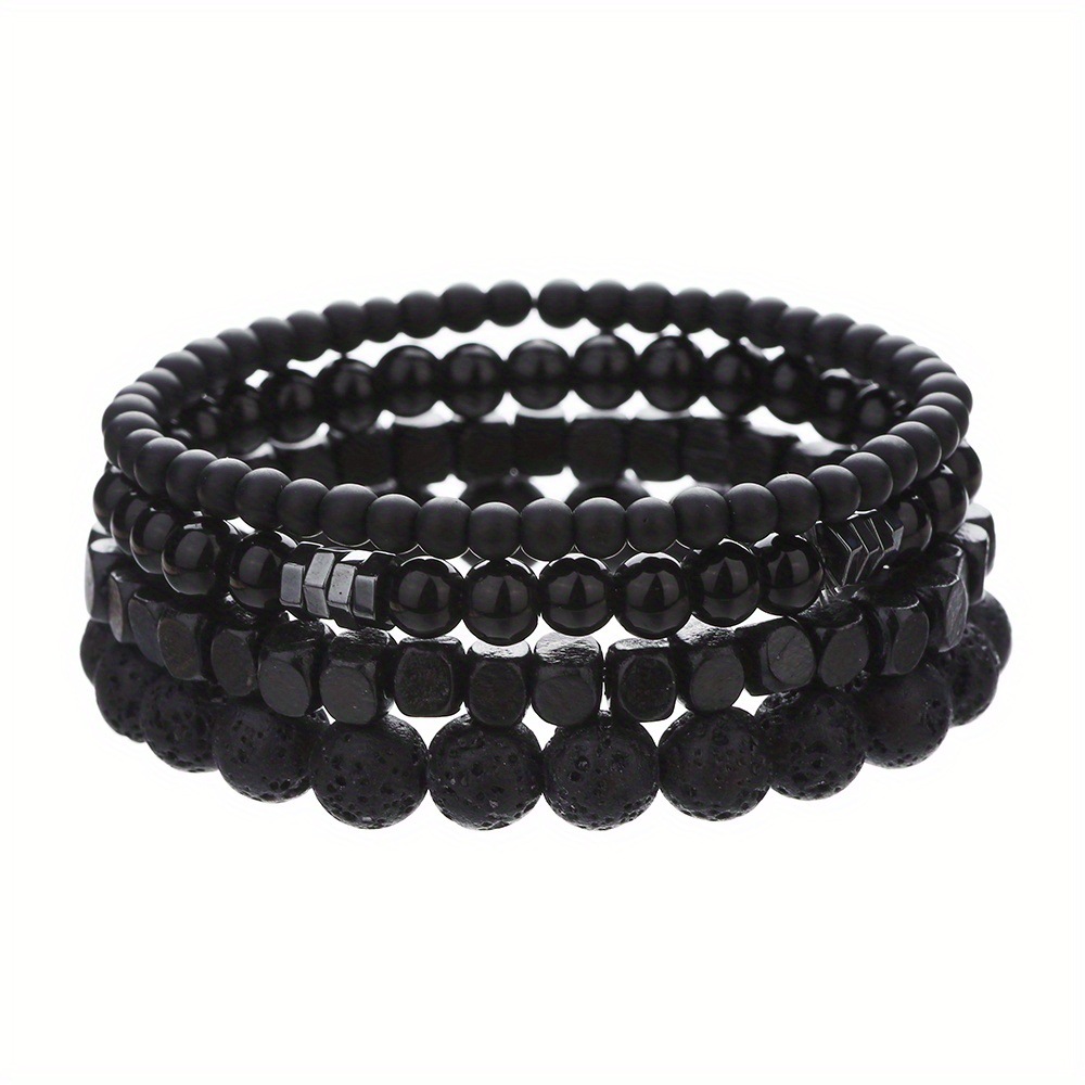 Wood Lava Rock Beads Elastic Bracelet Set For Men Women Black Volcanic Stone Couple Friends Punk Jewelry Gift