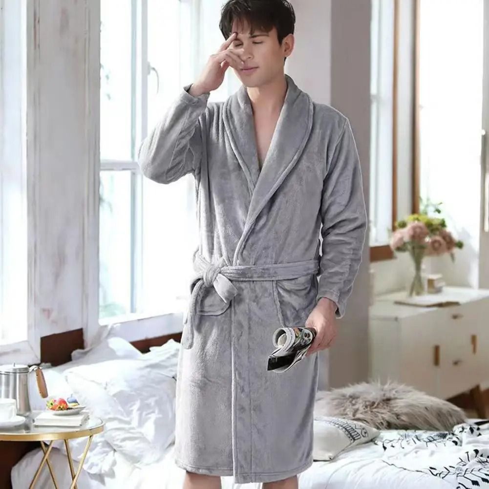 Mens Plush Flannel Winter Bathrobe Thick Lined Medium Length Home Robe