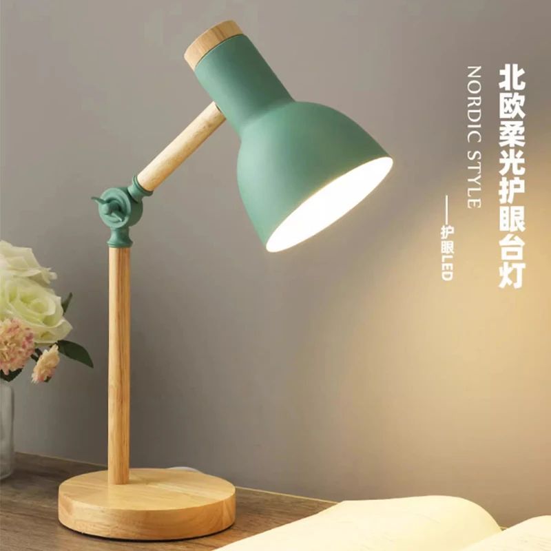 Nordic Wooden LED Desk Lamp – Adjustable Head Eye Protection Bedside Light
