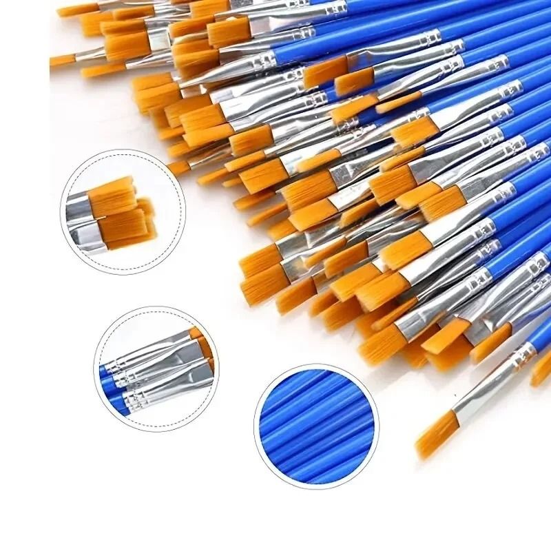 50 Piece Professional Painting Brush Set Round and Flat Nylon Hair Brushes for All Mediums
