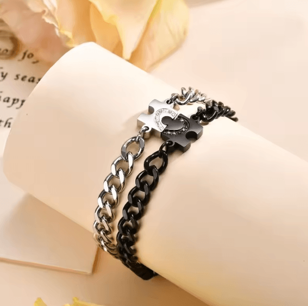 HeartLock Stainless Steel Couple Bracelets Set – Puzzle Heart Long-Distance Relationship Jewelry for Him & Her