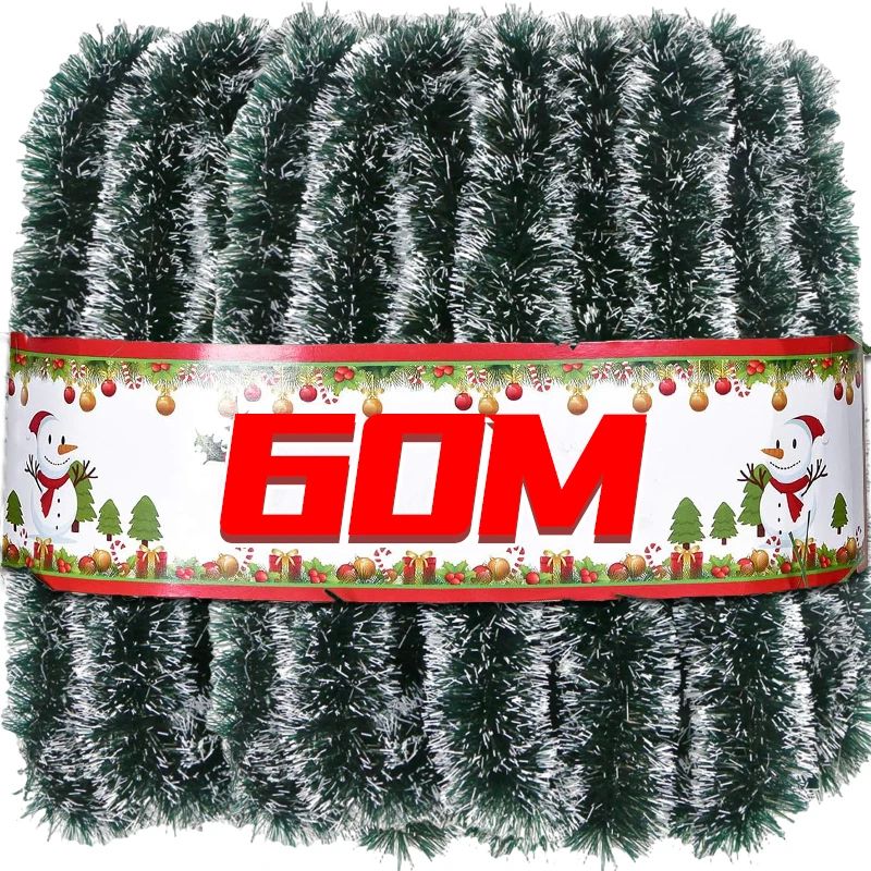 Christmas Tinsel Garland and Green Cane Wreath Holiday Decorations