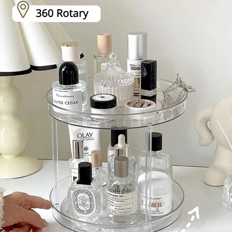 Two Layer Rotating Acrylic Cosmetic Storage Shelf for Makeup and Skincare Organization
