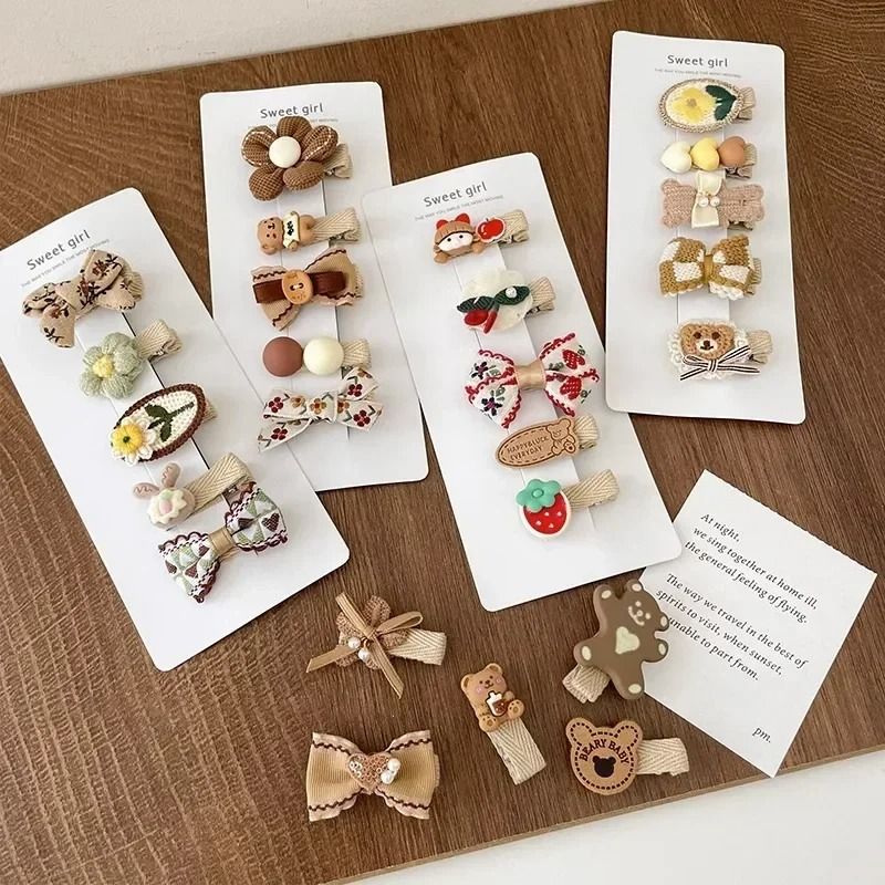 Sweet Kids Plush Hair Clip Set – Kawaii Autumn/Winter Beige & Coffee Bowknot Headwear (5pcs)