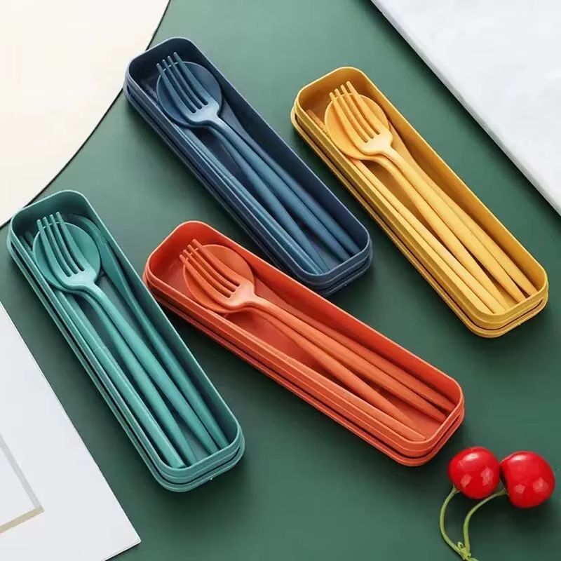 Portable Wheat Straw Cutlery Set 4 Piece Travel Utensil Set with Chopsticks Reusable Tableware Kit