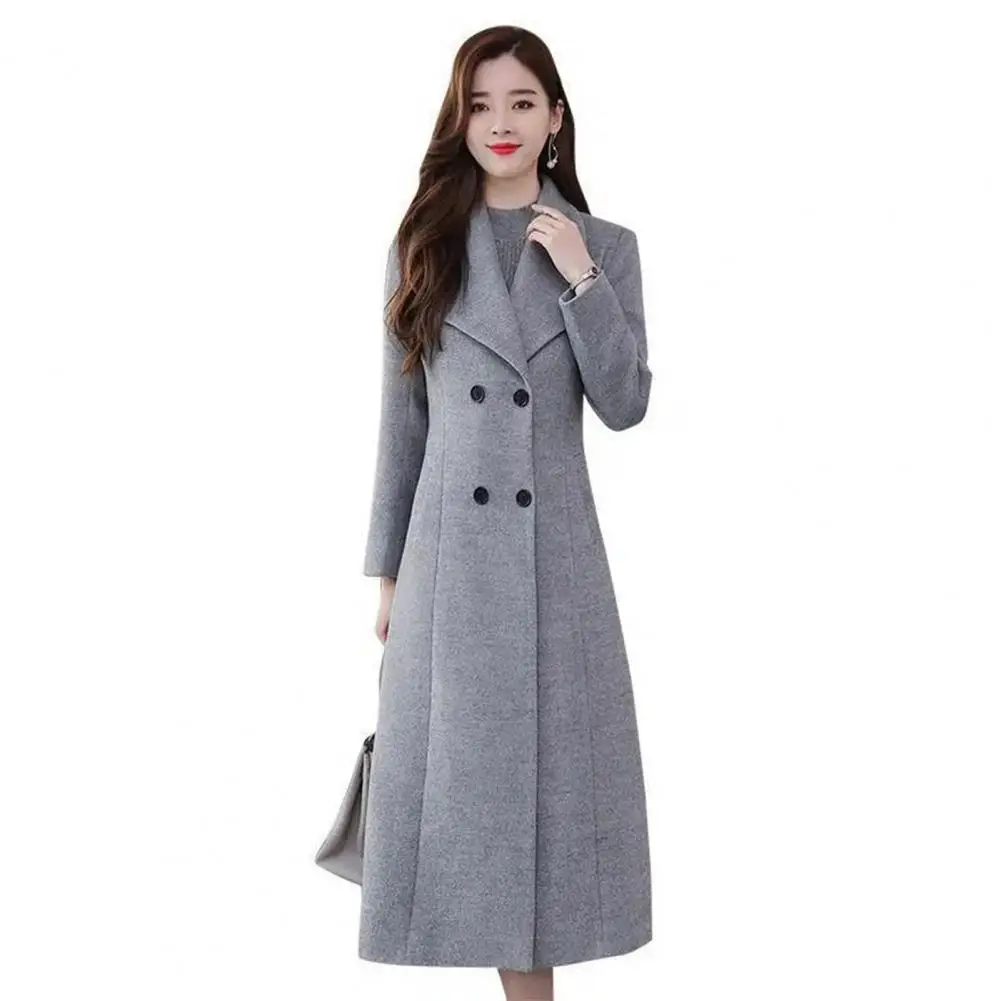 Elegant British Style Women Woolen Coat, Double Breasted Waist Tight, Suit Collar Long Cardigan, Mid Calf Length