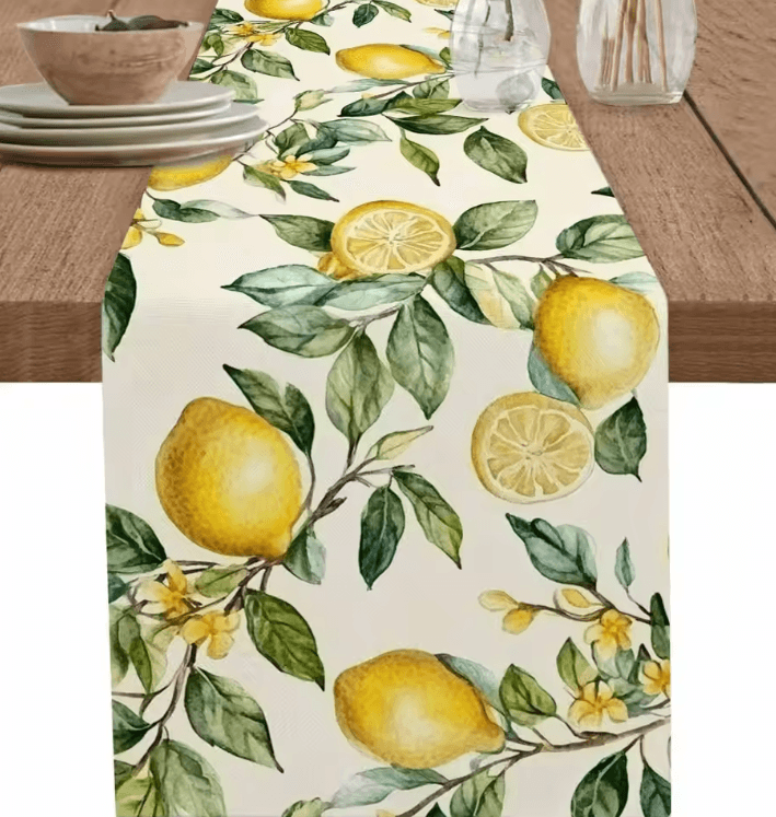 Watercolor Lemon Linen Table Runner – Fresh Botanical Farmhouse Dining Decor