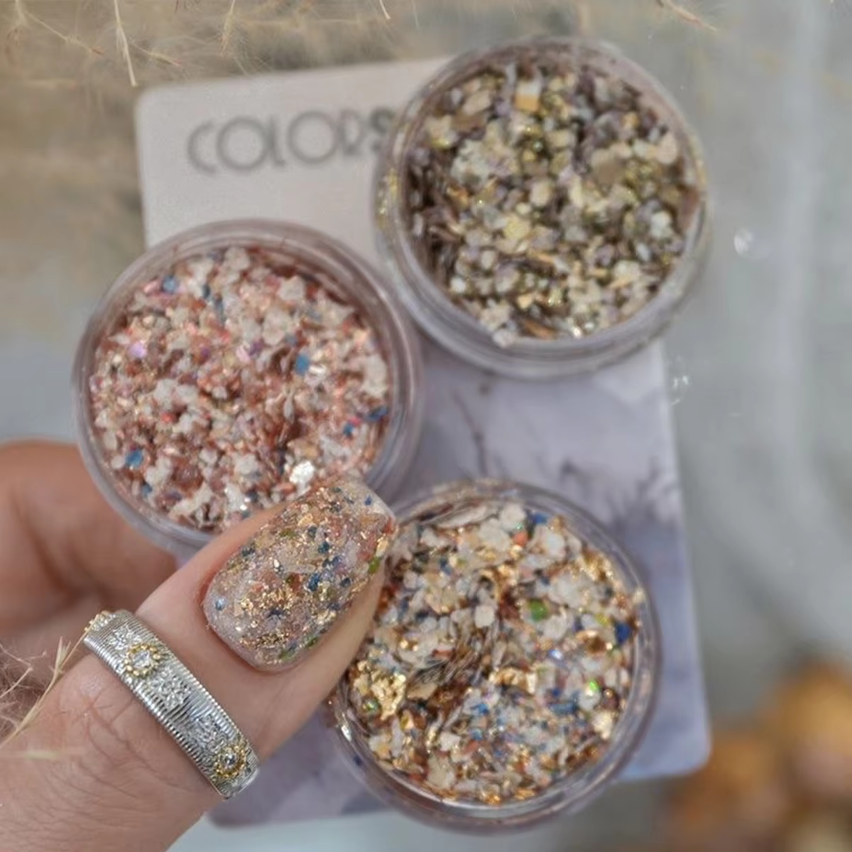 Colorful Shell Nail Powder with Platinum Foil & Rhinestone Charms