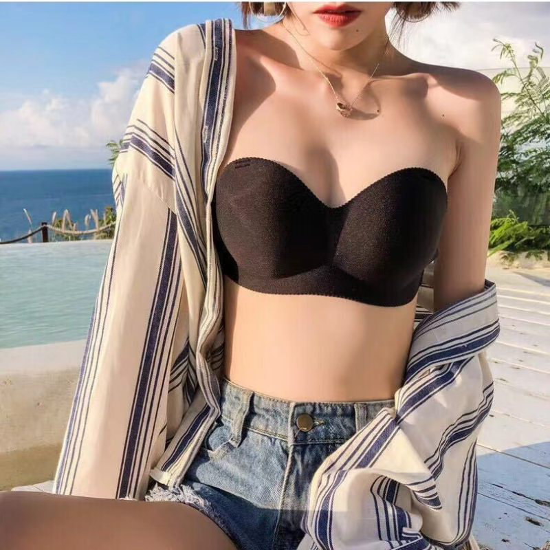 Sexy Backless Invisible Bra, Push Up Seamless Brassiere, Black Strapless Bandeau, No Sewing Bra for Women Lingerie