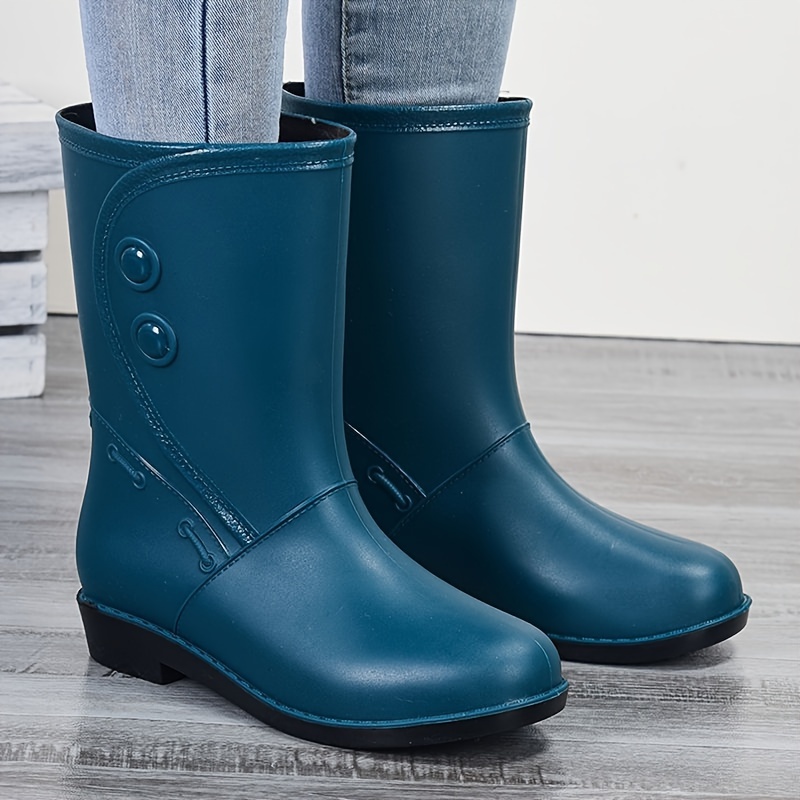 Mid Calf Non Slip Wear Resistance Waterproof Rain Boots - PVC Flat Round Toe Fashion Thermal Rain Shoes