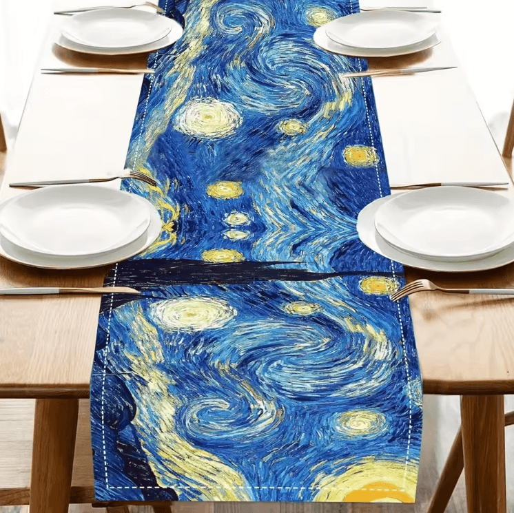 VIKAMA Starry Night Art Table Runner – Van Gogh Inspired Luxury Dining Decor