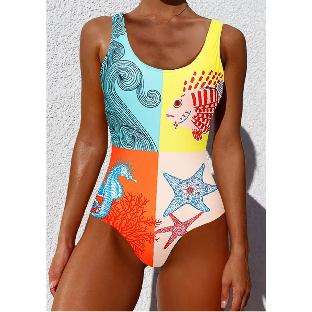 Women's Printed One-Piece Swimsuit – Push Up Lace-Up Beachwear
