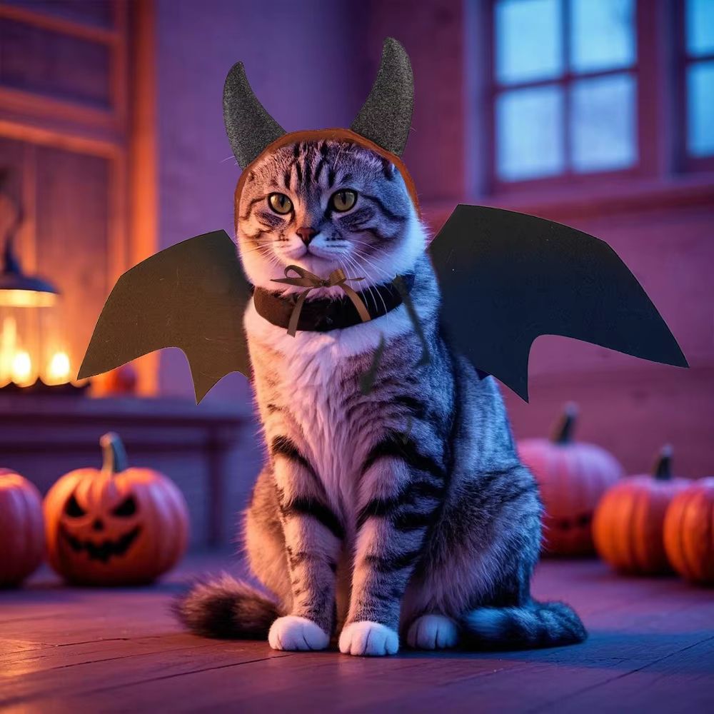 Cat Devil Costume Two-Piece Set with Bat Wings for Cats and Horn Headband