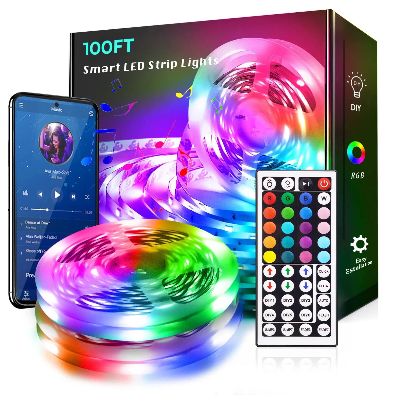 100 ft RGB LED Strip Lights with Remote and App Control