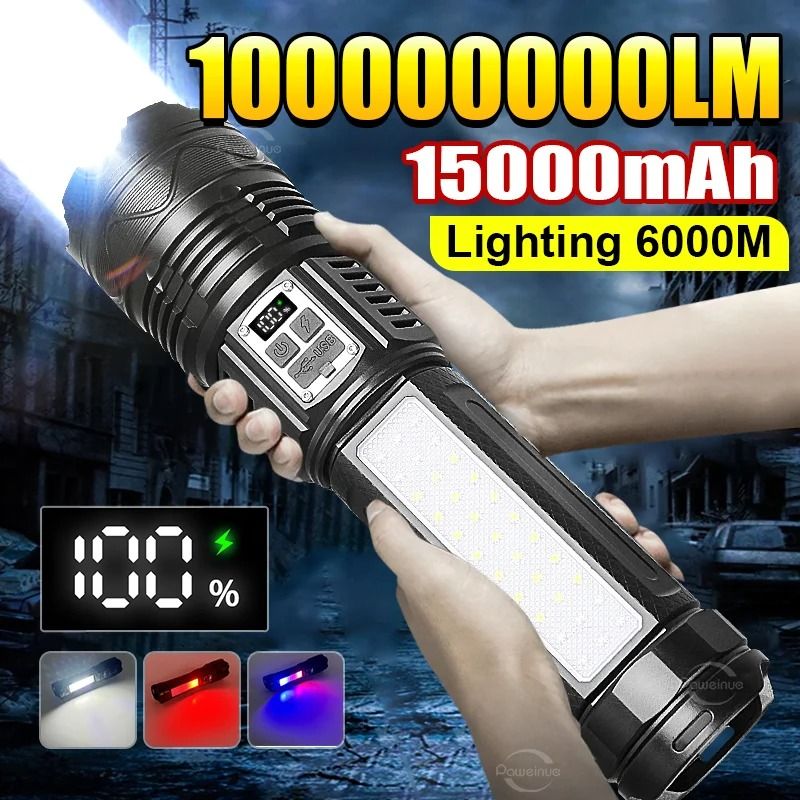Ultra Bright Long Range LED Flashlight Rechargeable Tactical Torch with 6000M Beam and 15000mAh Battery