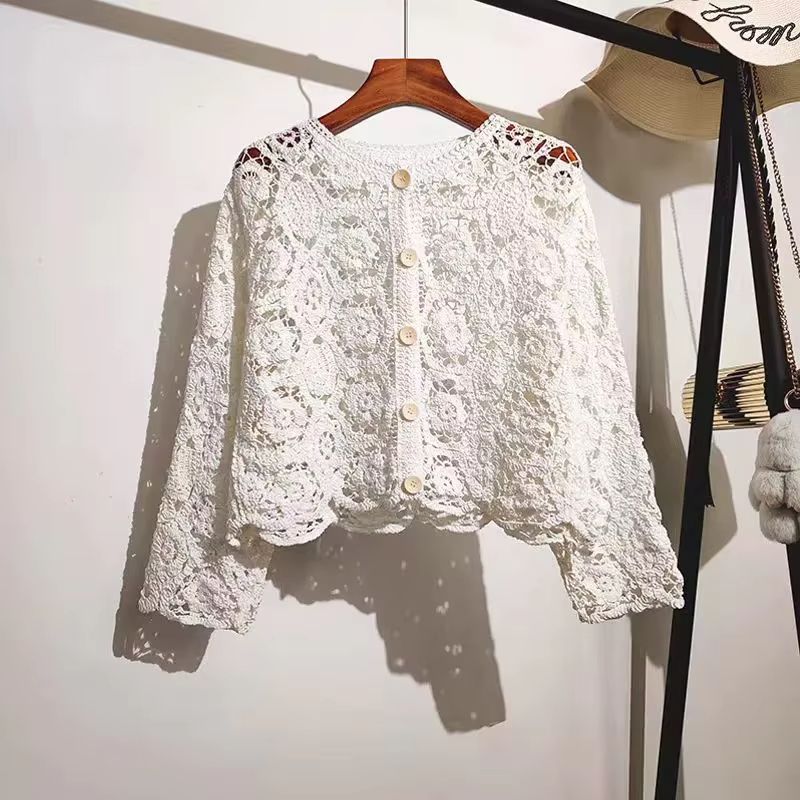 Elegant Crochet Knit Button-Up Cardigan Beach Cover Up