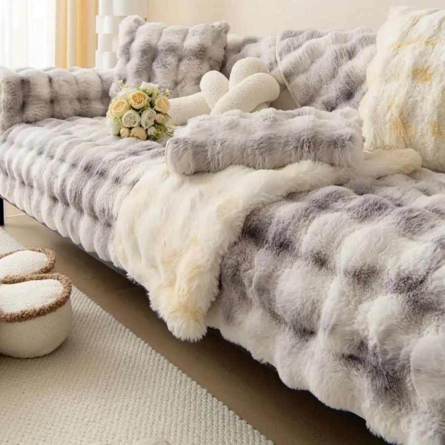 Thick faux rabbit fur sofa slipcover non slip plush couch cushion cover