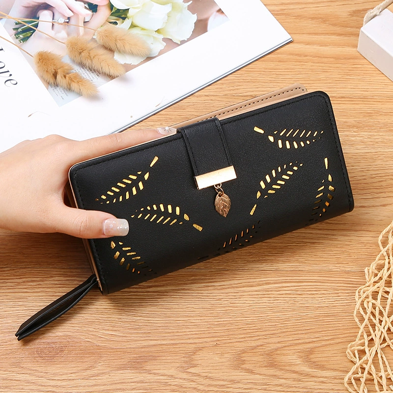 Sleek Womens Long PU Leather Wallet with Intricate Leaf Design, Large Capacity Cardholder Clutch