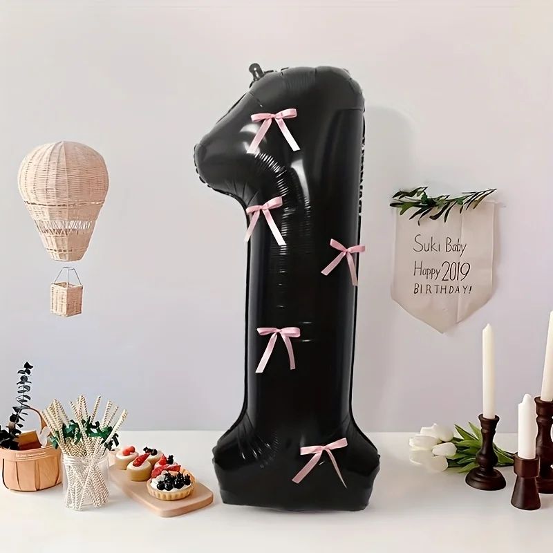 Black Number Balloon with Pink Bow