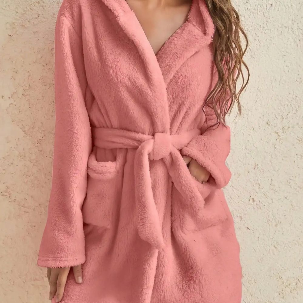 Womens Hooded Fleece Robe with Belt Cozy Autumn Winter Loungewear