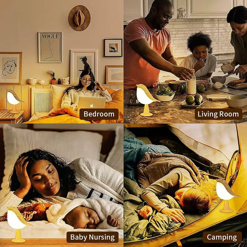 BirdGlow Rechargeable Wooden Bird Night Light – LED Touch Switch Bedside Lamp