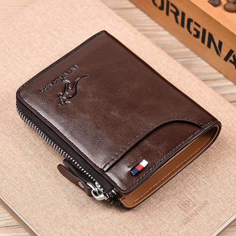 Premium Zipper Mens Leather Wallet with Business Card Holder and Secure Protection
