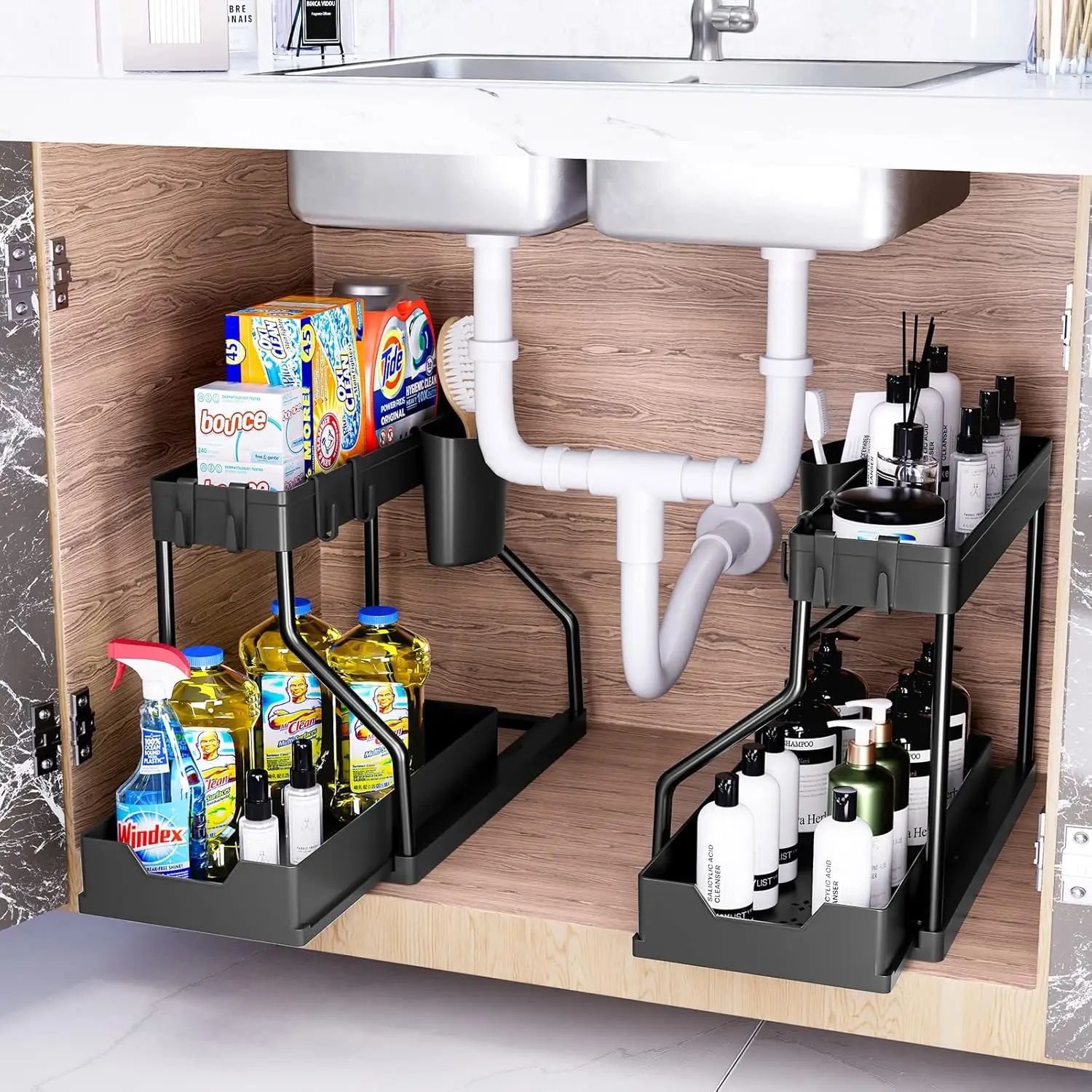 Under Sink Storage Organizer with Dual Slide Drawers –Pull-Out Cabinet Shelf Rack for Kitchen & Bathroom Cleaning Supply