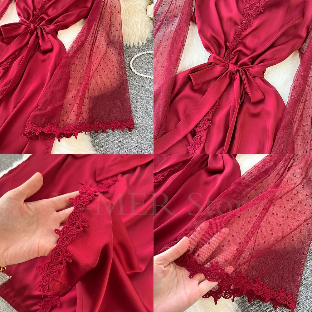 Sexy Embroidered Edge Kimono Robe – Professional Silk Satin Long Gown with Mesh Sleeves