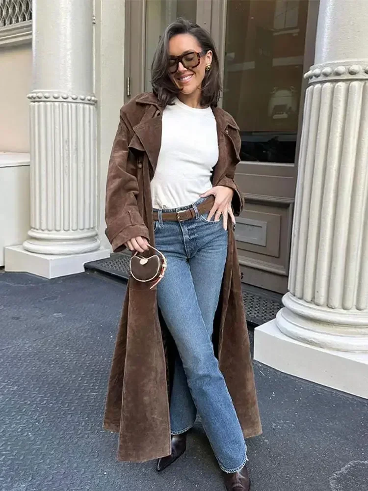 Womens Brown Imitation Deer Fur Coat, Chic Lapel, Double Breasted Long Sleeve Windbreaker, High Street Autumn Outwear