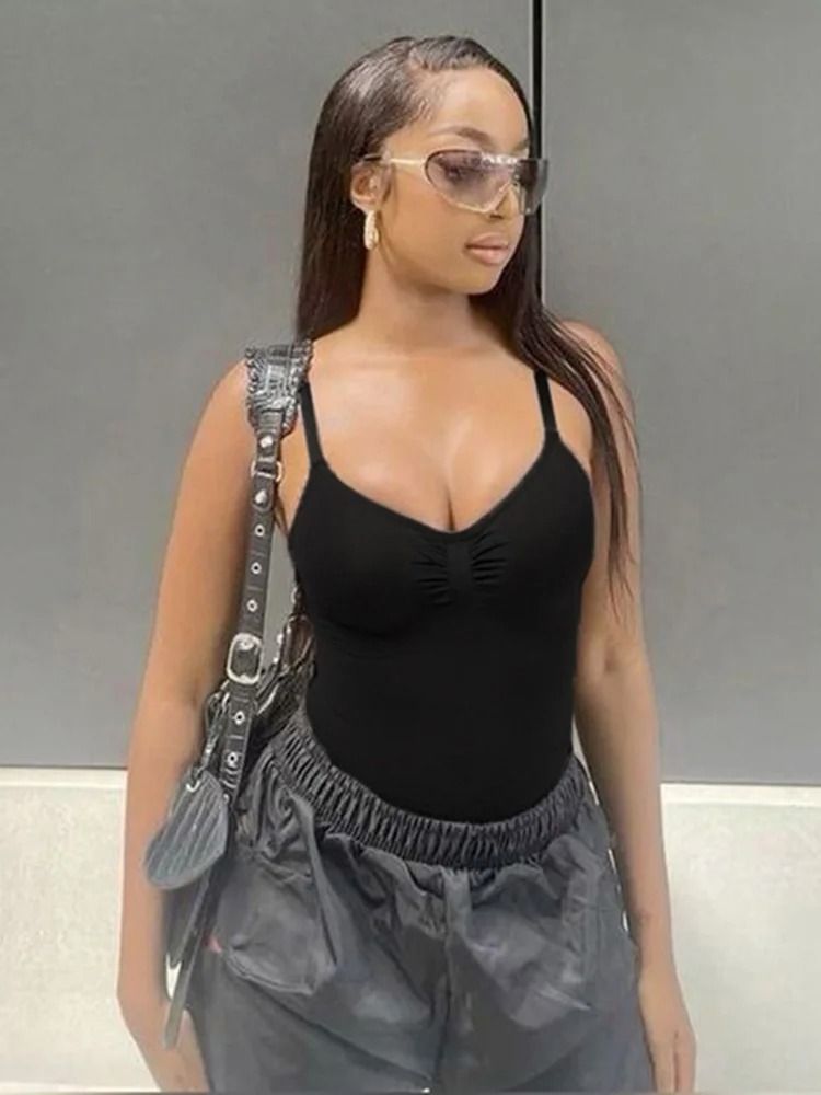 Sweetown Spaghetti Strap Bodysuit Sleeveless Shirred Camisole Bodysuit Top