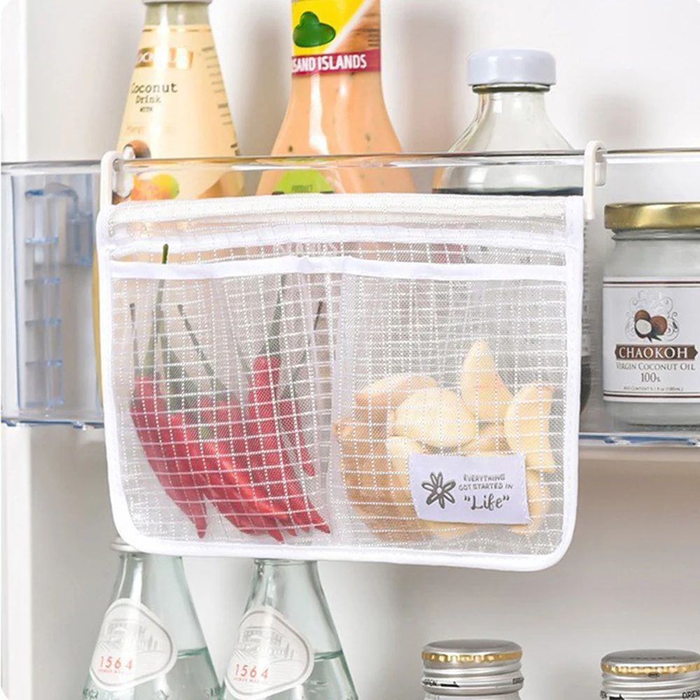 Dual Compartment Fridge Hanging Organizer Mesh Storage Bag | Space Saving Fruit & Snack Bin with Clear Window