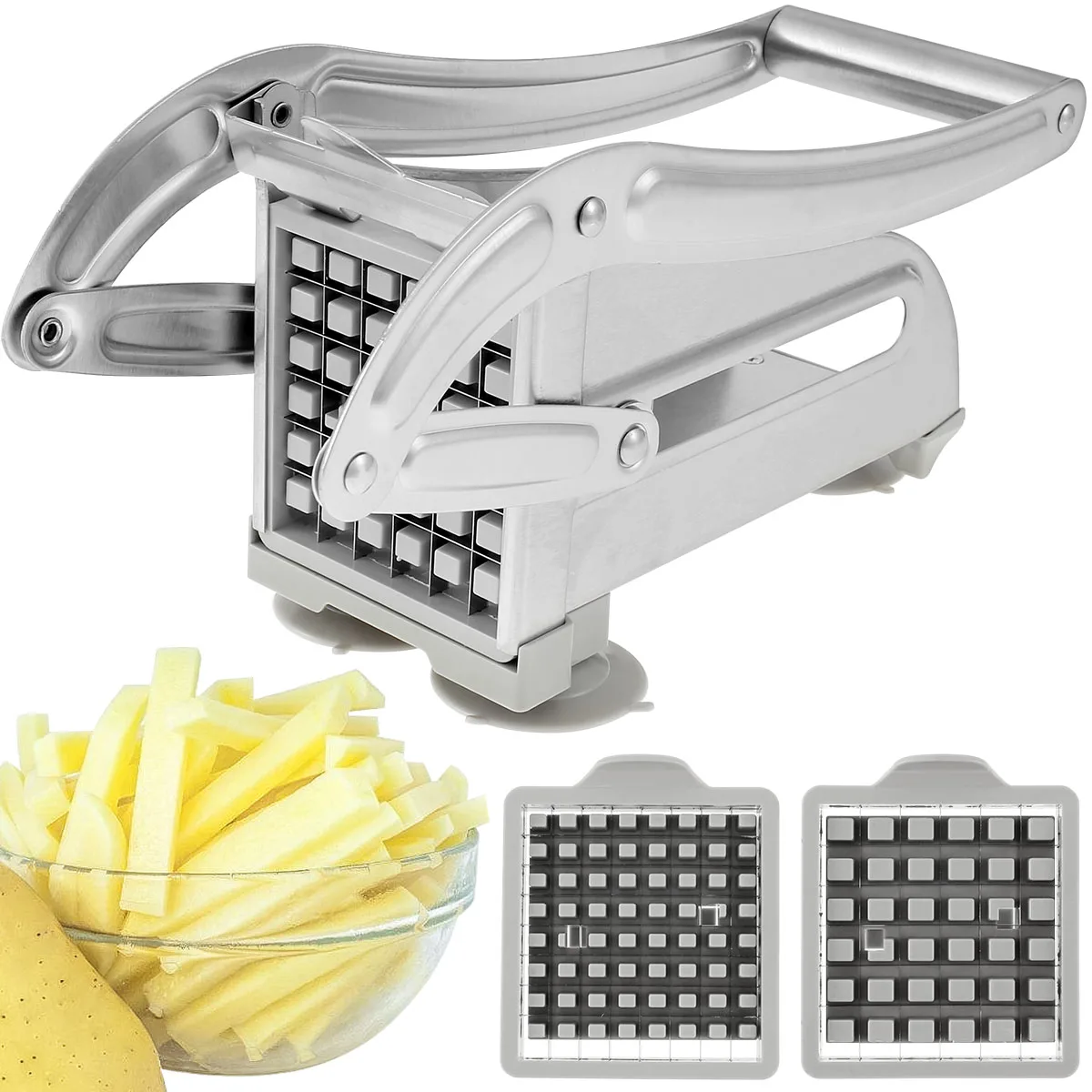 French Fry Cutter Stainless Steel Potato Chipper Fast Cutting Potato Chip Cutter with 36/46 Holes Blades Food Slicer