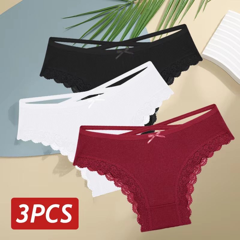 Women's 3-Piece Cotton Low-Rise Lace Brazilian Panties Set Breathable Soft Underwear S-XL