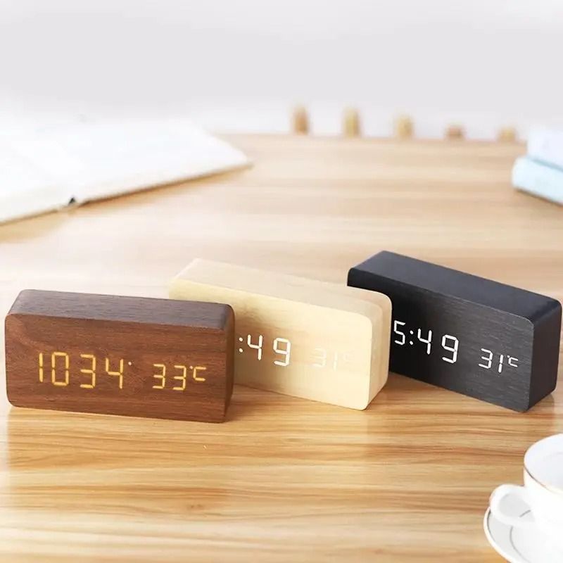 Wood Digital Alarm Clock with LED Temperature Display
